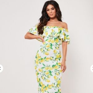 🍋Yellow lemon print bardot dress Small/Me